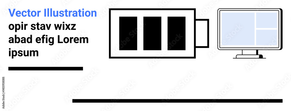Poster data server and desktop monitor with application layout connected by cable. ideal for technology, it
