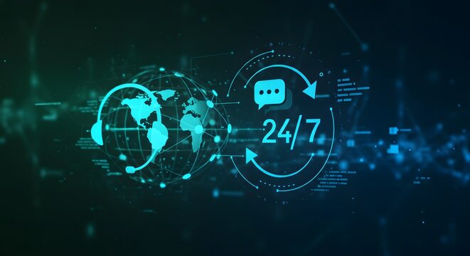 Technical support and customer service concept. Digital icon representing technical support, customer service, and 24 by 7 assistance. Business technology solutions for global support, service manage