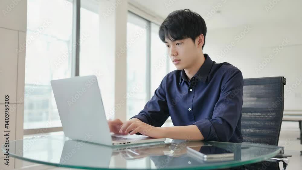 Poster A person sitting at a table with a laptop, likely doing work or checking email.