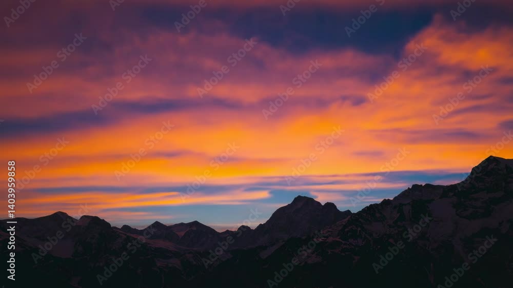 Poster a majestic mountain range with a vibrant and colorful sky in the background, great for use as a scen