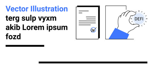 Hand holding DEFI element beside documents emphasizing financial documentation, blockchain, fintech, and decentralization. Ideal for fintech, decentralized finance, blockchain, investment