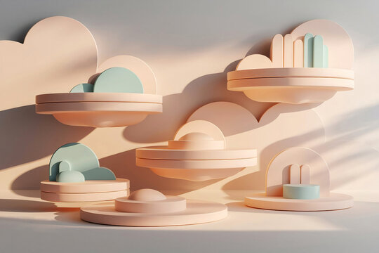 Minimalist Floating Islands Simple Geometric Shapes, Flat Design, Pastel Tones. Light Clouds and Soft Shadows. Modern Abstraction