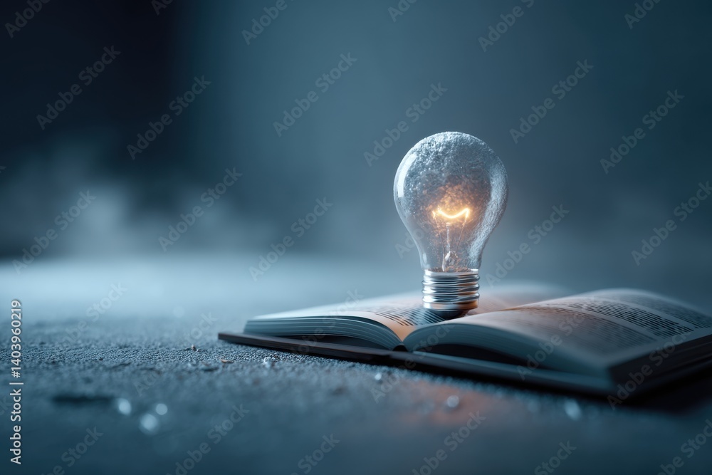 Poster concept of new ideas and innovation with lightbulb on a book in a creative workspace, symbolizing kn