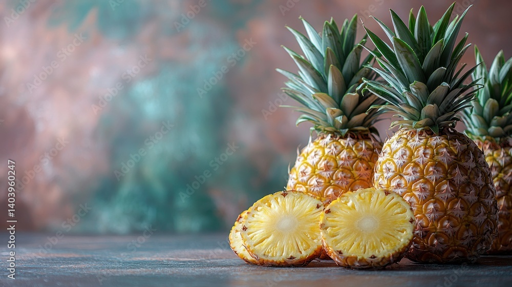 Poster three ripe pineapples with slices on rustic background