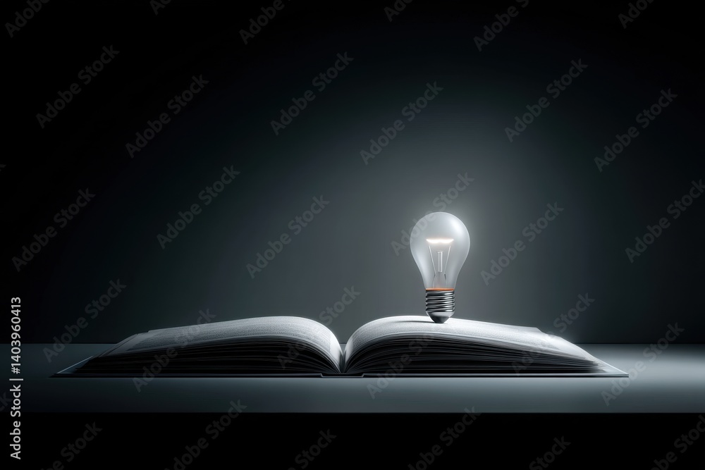 Poster a bright idea concept with a glowing light bulb sitting on an open book shining a light on knowledge