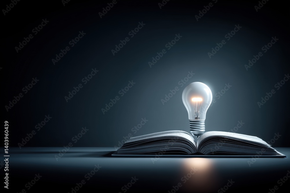 Poster conceptual idea of knowledge and education with an open book and a light bulb, illuminating the page