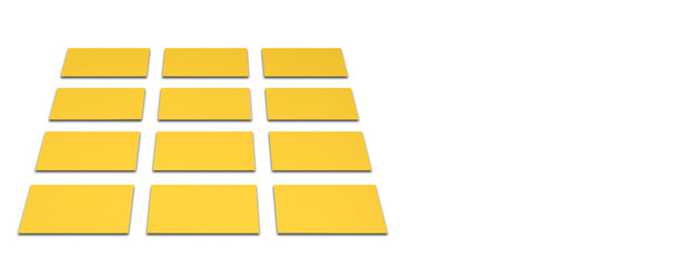 Mockup of horizontal gold business cards stacks arranged in rows at white background. Banner.