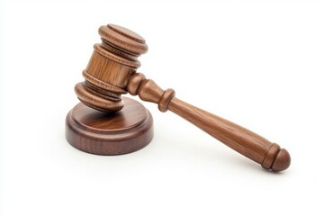 Wooden gavel resting on block isolated on white background
