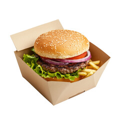 Brown paper burger box slightly open, revealing the interior on transparent png background. Ai generated