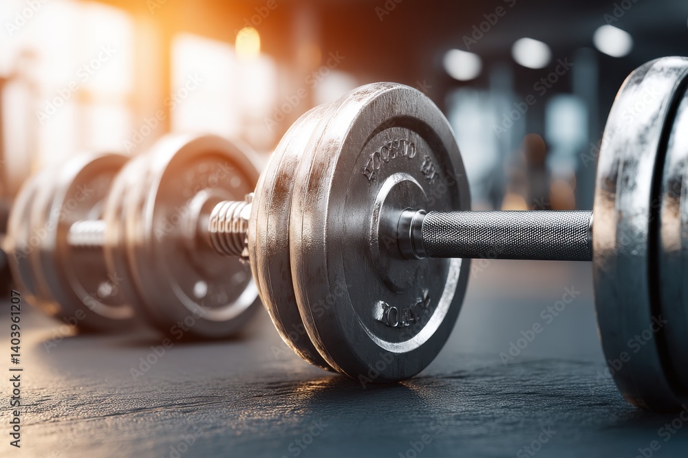 Poster a close-up view of heavy metallic dumbbells with weight plates placed on the floor in a modern gym, 