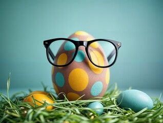 Quirky easter egg with playful polka dots and black glasses, surrounded by vibrant decorated eggs on lush green grass, set against a cheerful teal background capturing festive holiday fun