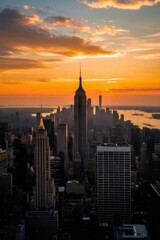 Aerial View of New York City Skyline at Sunset Showing Majestic Buildings in an Orange Sky