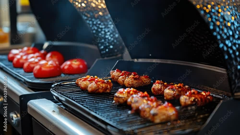 Poster a close-up view of a grill with various foods on it, ready to be served.