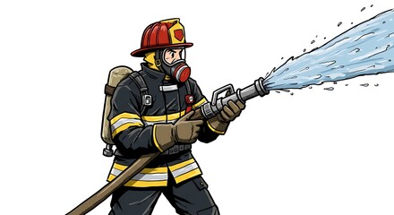 Naklejka premium Illustrated firefighter in safety gear spraying water, facing towards danger