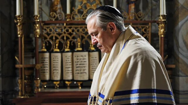 Mature adult wearing tallit and kippah indoors, near decorative scrolls and gold candelabra, focused on religious tradition