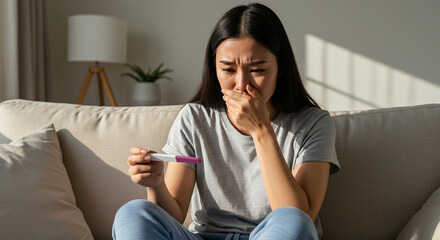 Obraz premium Sad, Disappointed motherhood asian young woman hand holding pregnancy test, upset ovulation problem, anxiety after result at positive sitting on couch at home. Unwanted Pregnant, contraception concept