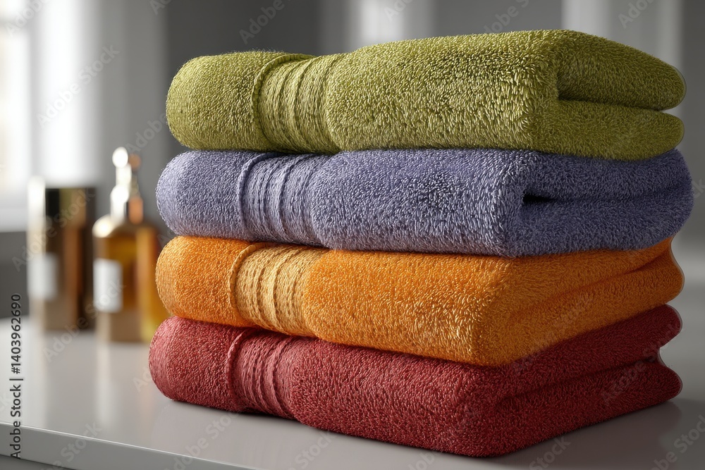Aufkleber a stack of colorful, soft towels folded neatly on a white surface in a bathroom setting, showcasing 