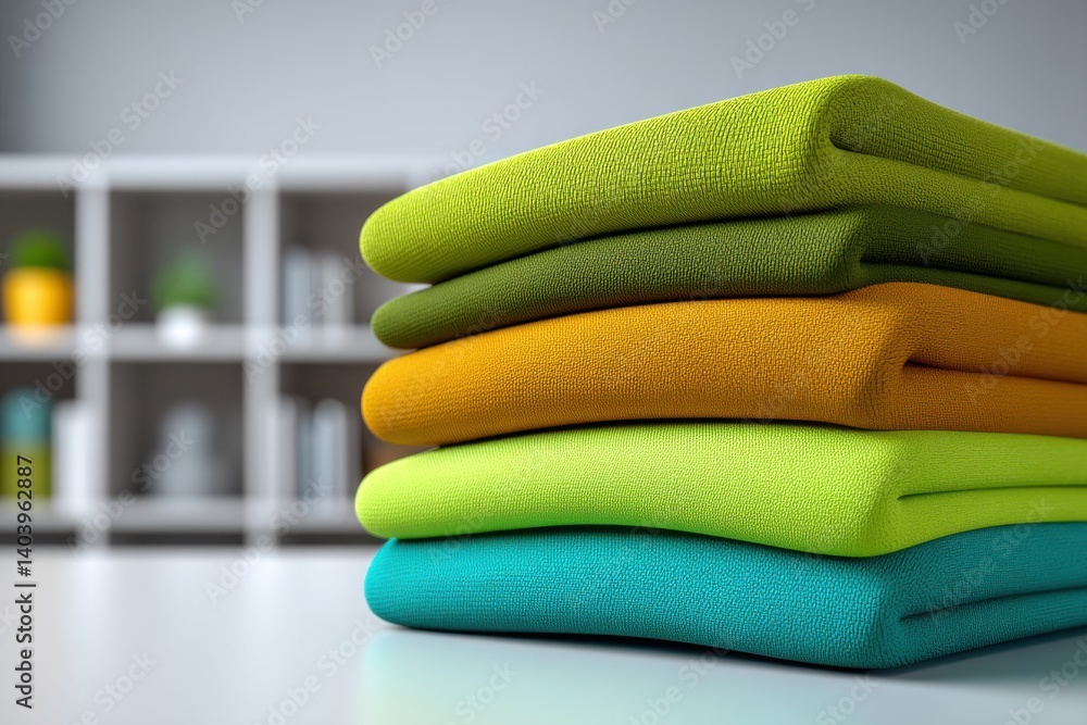 Poster a neatly folded stack of colorful towels on a clean surface in a bright interior, with soft texture 