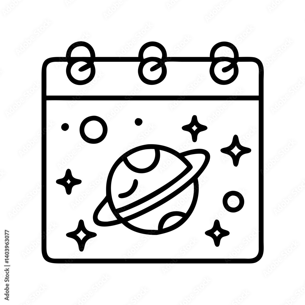 Poster calendar icon with planet and stars for space events reminder and astronomy schedule concept design