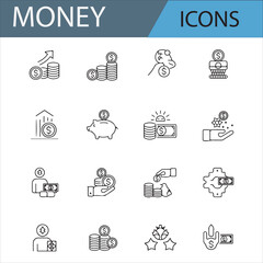 Line Art Set of Financial Icons Including Coins, Cash, and Bags of Money