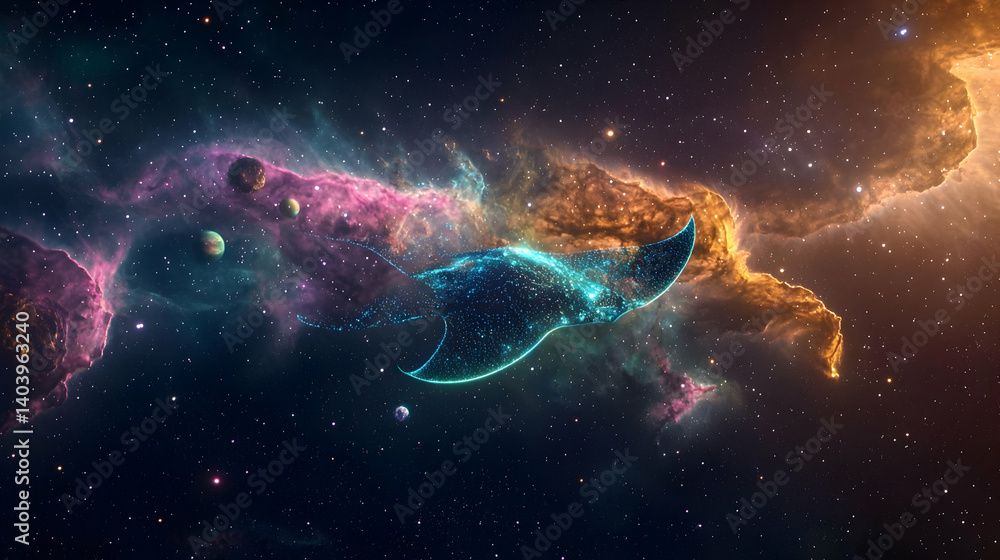 Poster digital art depicting a cosmic whale floating through a nebula surrounded by planets and glowing sta