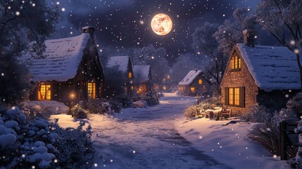 Fototapeta premium Snow-covered village street at night under a full moon, warm light from windows.