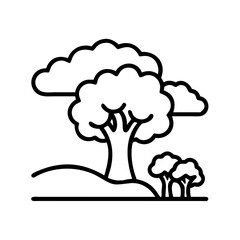 Illustration of tree landscape with clouds and hills vector design nature outline drawing