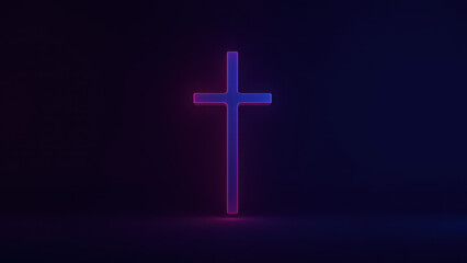 Fototapeta premium A digital cross glowing with neon light against a dark background.