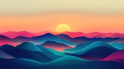 Obraz premium Vibrant sunset landscape with colorful rolling mountains and a golden sun sky art red blue teal pink