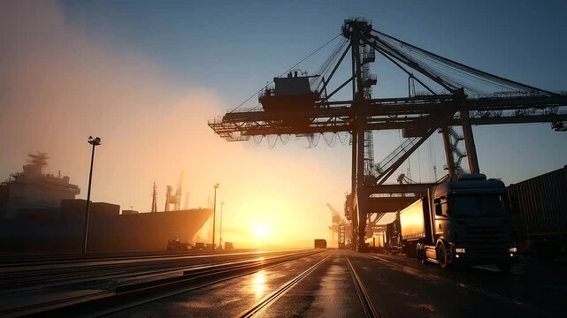 A serene sunrise over a bustling shipyard with towering cranes and cargo in motion.