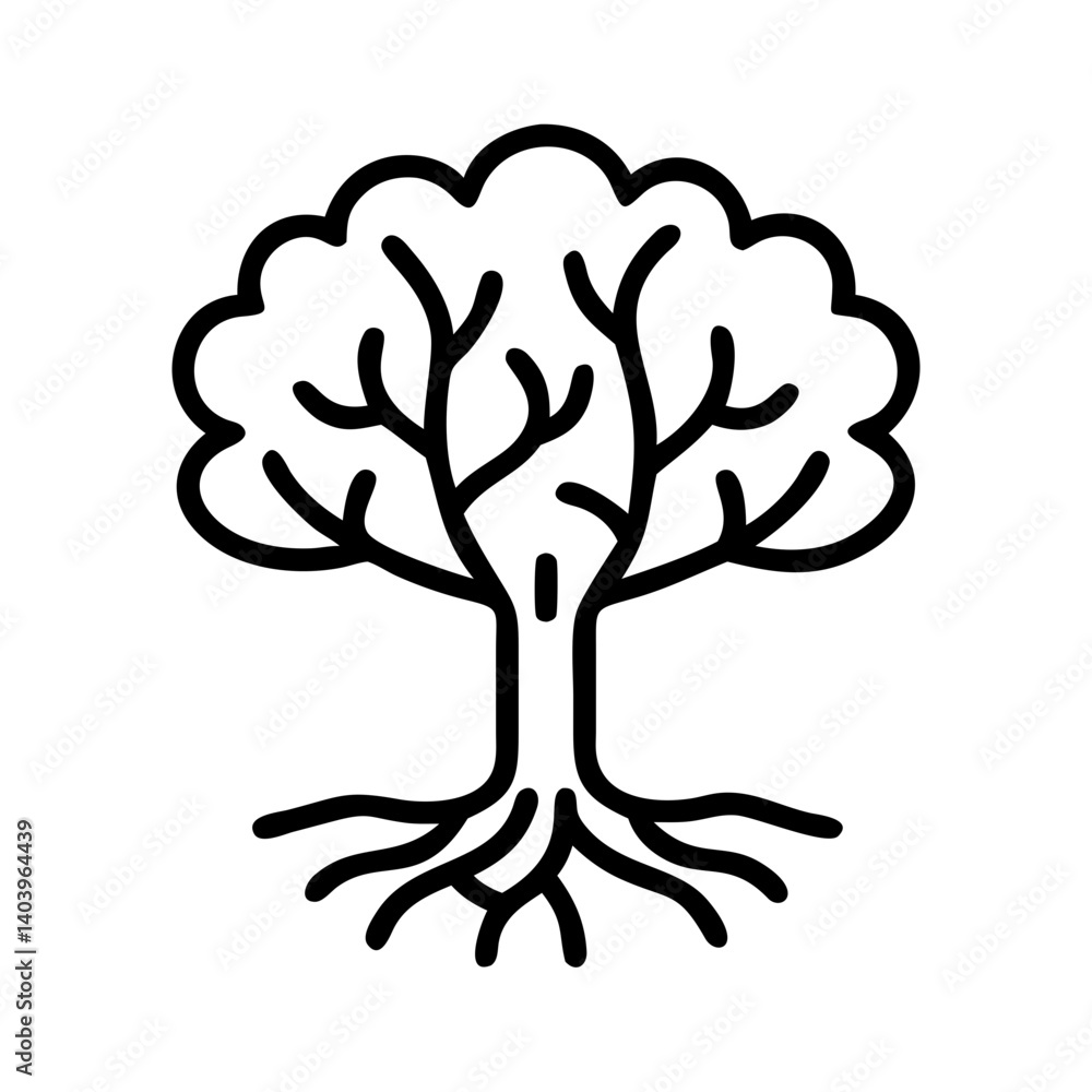 Poster tree drawing vector illustration of a tree with roots and branches in line art style design
