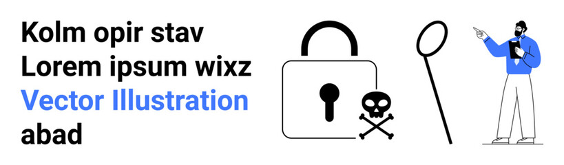 Man explaining security concerns with lock and skull icons, and magnifying glass nearby. Ideal for cybersecurity, data protection, risk management, online safety, tech awareness, education, simple