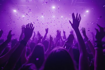 Close up photo of many party people dancing purple lights confetti flying everywhere nightclub event hands raised up wear shiny clothes, Generative AI