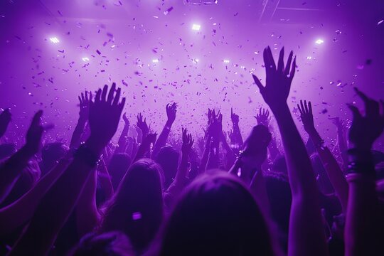 Close up photo of many party people dancing purple lights confetti flying everywhere nightclub event hands raised up wear shiny clothes, Generative AI