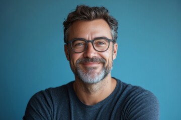 Portrait of handsome cheerful man smiling over blue studio background, empty space. Middle-aged bearded man posing for male magazine or blog, youth, healthy lifestyle and male cosmetology, Generative 