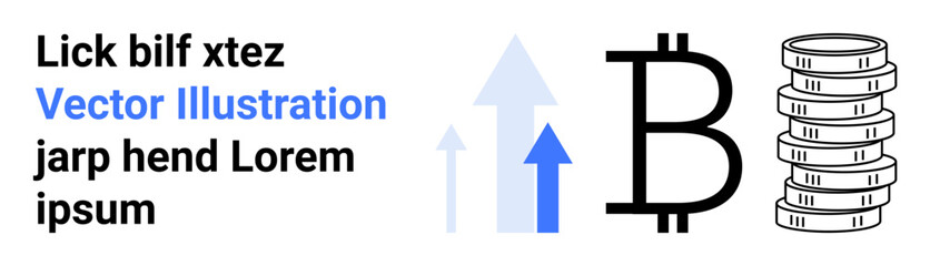 Bitcoin symbol with stacked coins and upward arrows indicating growth. Ideal for cryptocurrency, finance, investment, blockchain, trading, economic trends, simple landing page