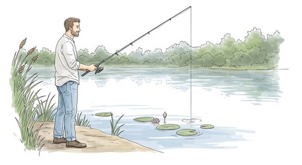 Illustration of a man fishing near a serene lake surrounded by lush nature