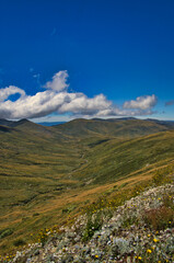 Fototapeta premium The valley of the Snowy River, as seen from Rawson’s Pass along the Main Range Track in Kosciuszko National Park, New South Wales, Australia. Vast mountain scenery above the tree line. 