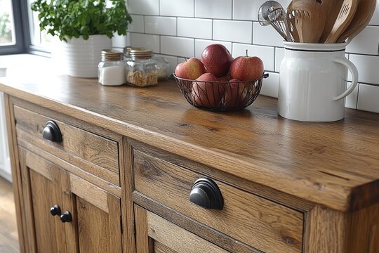 Wooden Cabinet with Red Apples and Kitchen Utensils