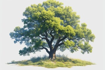 Fototapeta premium Solitary leafy tree on a gentle grassy mound against a neutral background