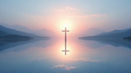 Sun reflecting off a lake with a cross visible on water's surface under a clear sky.