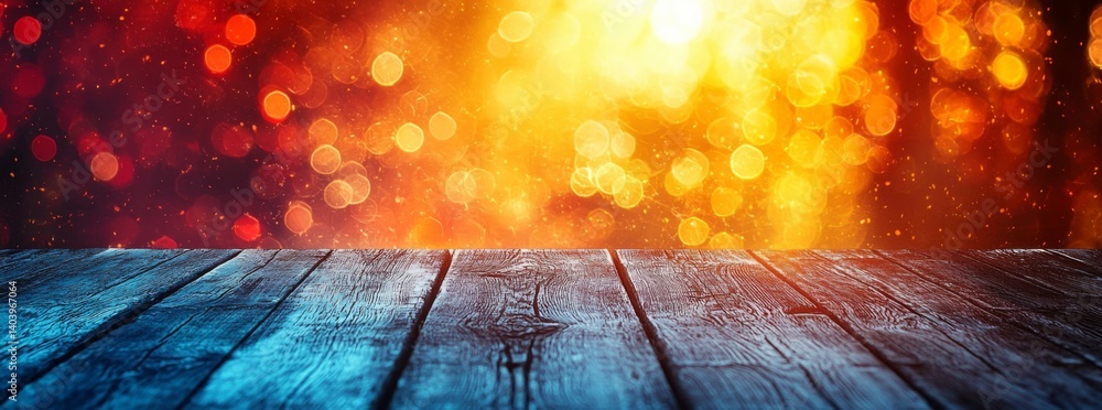 Poster an inviting wooden surface is illuminated by warm bokeh lights against an abstract backdrop