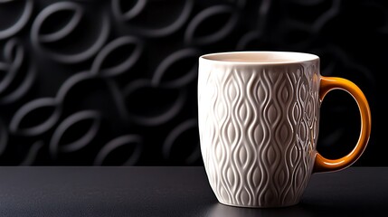 Elegant ceramic mug with textured design on a dark background, showcasing modern aesthetics