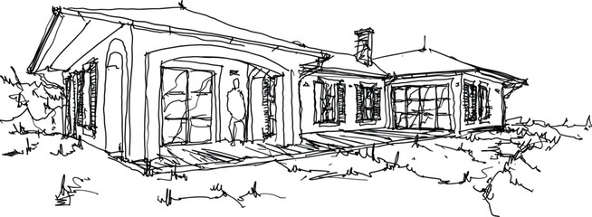 hand drawn architectural sketch of beautiful classic detached village house with garden  and trees