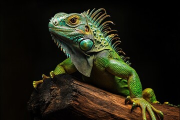 Obraz premium A detailed photograph showing a colorful green lizard looking around