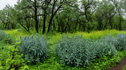 Tranquil Woodland Area with Sunlight and Herbs