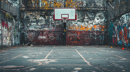 An urban basketball court, showing the weathered and cracked surface surrounded by graffiti-covered walls and fences in a gritty city landscape, evokes a sense of forgotten youth