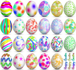 Large set of Easter eggs on isolated background - large collection of Easter eggs with different patterns for every taste + text Happy Easter in three variants