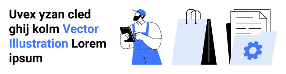 Delivery worker holding a tablet surrounded by shopping bags and a folder with files and gears. Ideal for logistics, e-commerce, delivery services, retail, organization, order tracking, simple