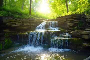 Cascading waterfall over rocky ledges surrounded by lush green trees and bright sunlight in a forest scene